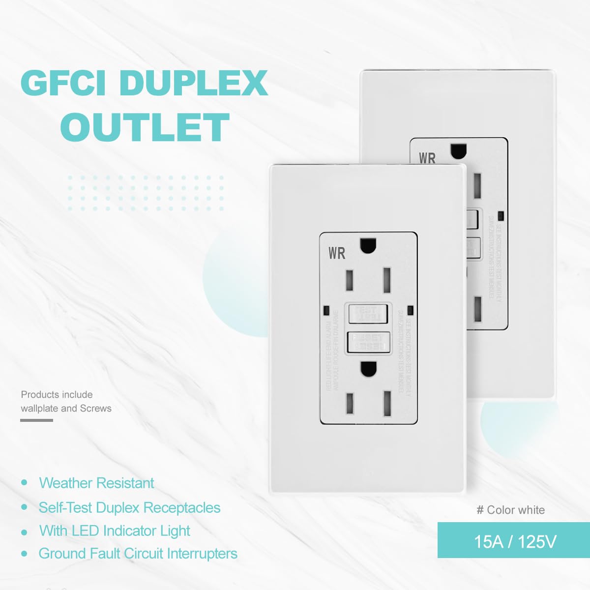 Micmi GFCI Outlet WR Weather Resistant Tamper Resistant TR Receptacle Self-Test with LED Indicator, 15Amp 125 Volt Screwless Wallplate Included ETL Listed (6Pack, White)