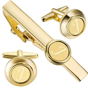 HAWSON 2 inch Tie Clips and Cufflinks Sets for Men A-Z Gold Engraved Letter Cufflinks and Tie Clips Sets for Formal Business Wedding - J