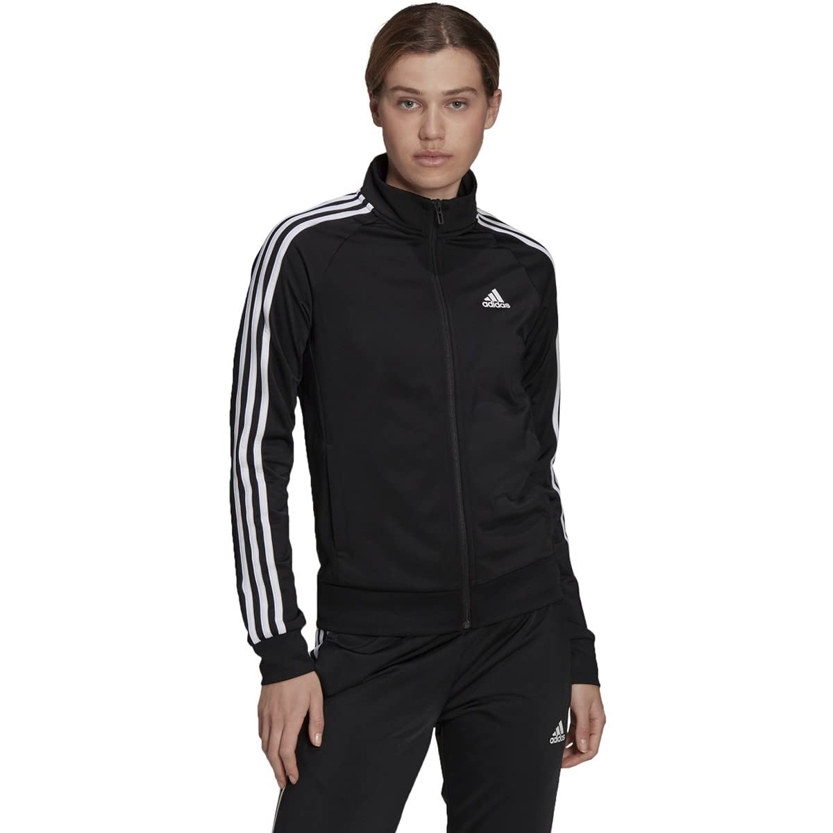 adidas Women's Essentials Warm-Up Slim 3-Stripes Track Top, Black, Large