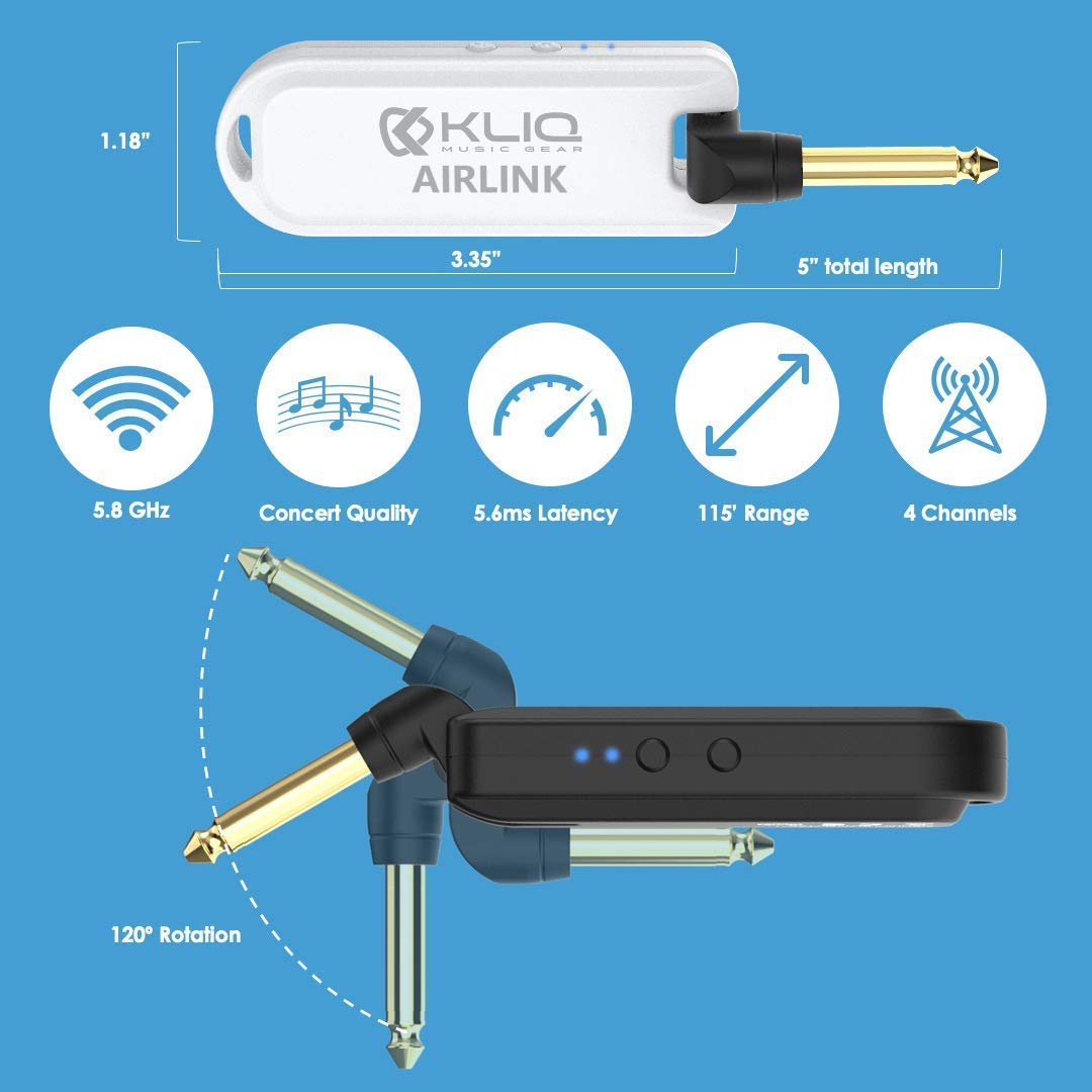 KLIQ TinyTune Pro Stage Tuner Pedal for Guitar and Bass and KLIQ Airlink 5.8 GHz Rechargeable Wireless Audio Guitar System Digital Transmitter/Receiver Set