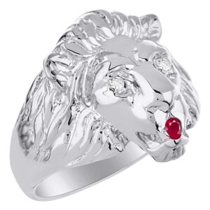 Rylos Conversation Starter Diamonds & Ruby in the Eyes & Mouth of this Fabulous Lion Head Ring Set in Sterling Silver Size 9