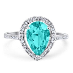 Blue Apple Co. Simulated Paraiba Tourmaline CZ Size-7 Halo Teardrop Pear Ring Round Simulated Cubic Zirconia 925 Sterling Silver