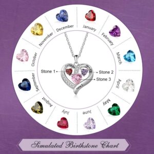 Personalized Mothers Pendant Necklace with 3 Heart Simulated Birthstone 3 Names Engraved Family Promise Necklace for Female Women (3 Stones)