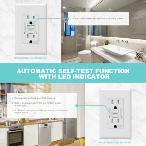 Micmi GFCI Outlet WR Weather Resistant Tamper Resistant TR Receptacle Self-Test with LED Indicator, 15Amp 125 Volt Screwless Wallplate Included ETL Listed (6Pack, White)