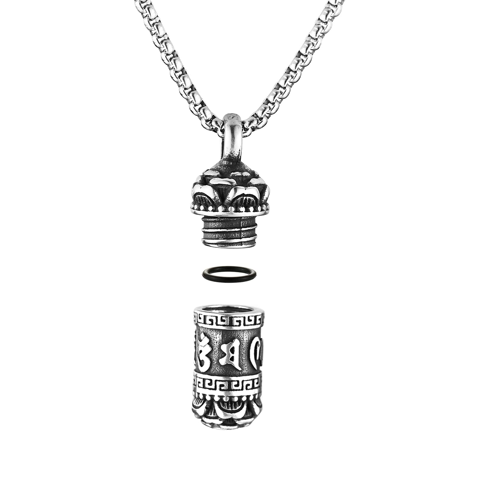 HZMAN Tibetan Buddhism Meditation Stainless Steel Pendant Commemorative Cremation Ashes Pill Cylinder Container Necklace 22+2 Inch Chain (cylindrical)