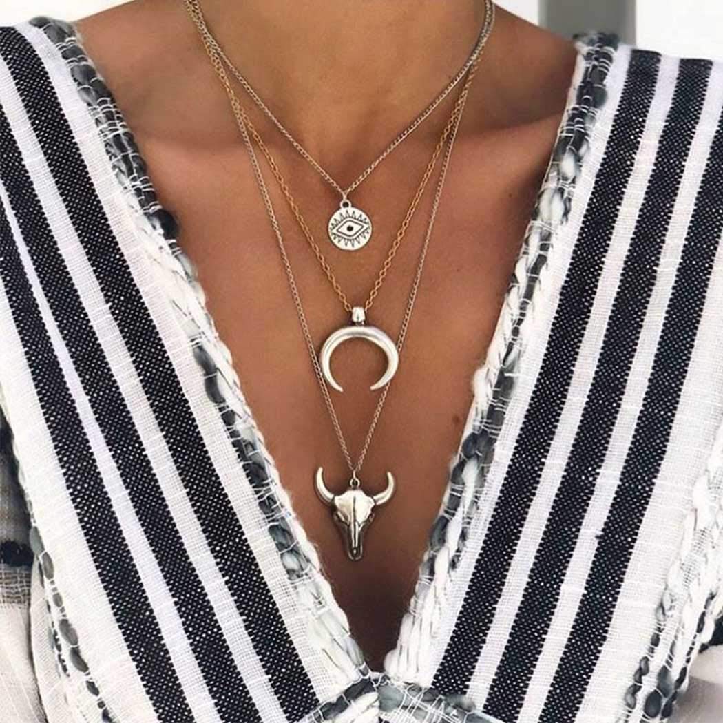 TWINKLEDE Boho Layered Necklace Silver Moon Pendant Necklaces Chain Evil Eye Bull Head Necklace Jewelry for Women (Silver Moon Evil Eye)