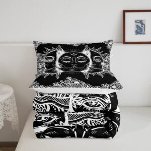 Sun And Moon Comforter Set Queen Size Boho Exotic Style Bedding Sets for Adult Women Teens Black White Bohemian Mandala Decor Down Comforter, Bohemian Botanical Floral Quilted Duvet with 2 Pillowcases