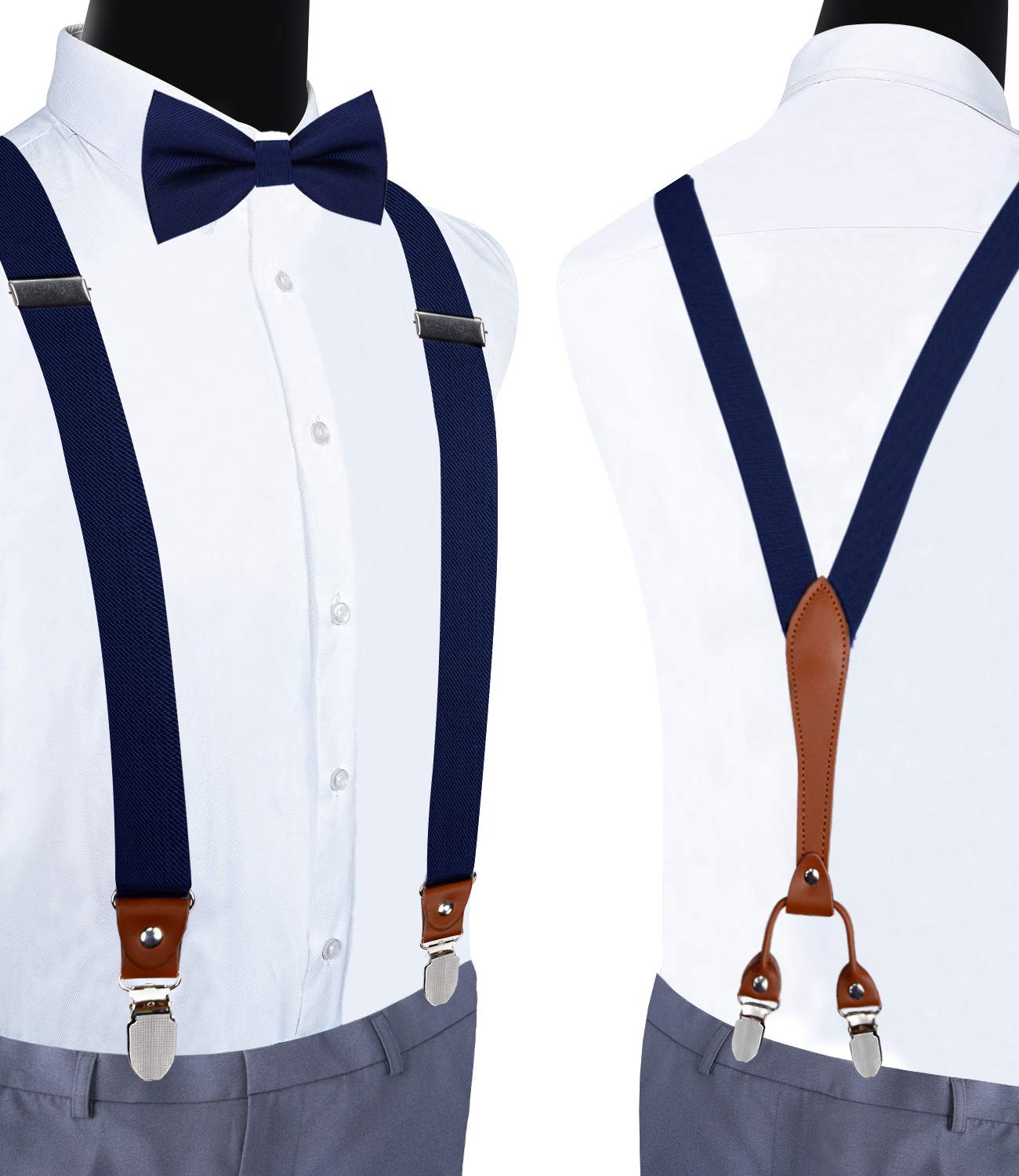 Elastic Adjustable Navy Blue Suspenders and Bow Tie Set for Men Wedding (0103-02)