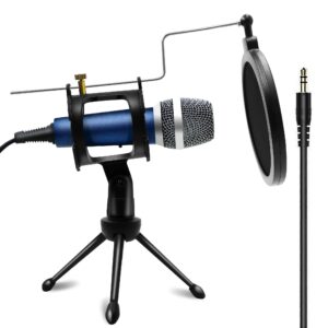 looyuan blue condenser recording microphone 3.5mm plug and play pc microphone, broadcast microphone for computer desktop laptop mac windows online chatting podcast skype youtube game（blue