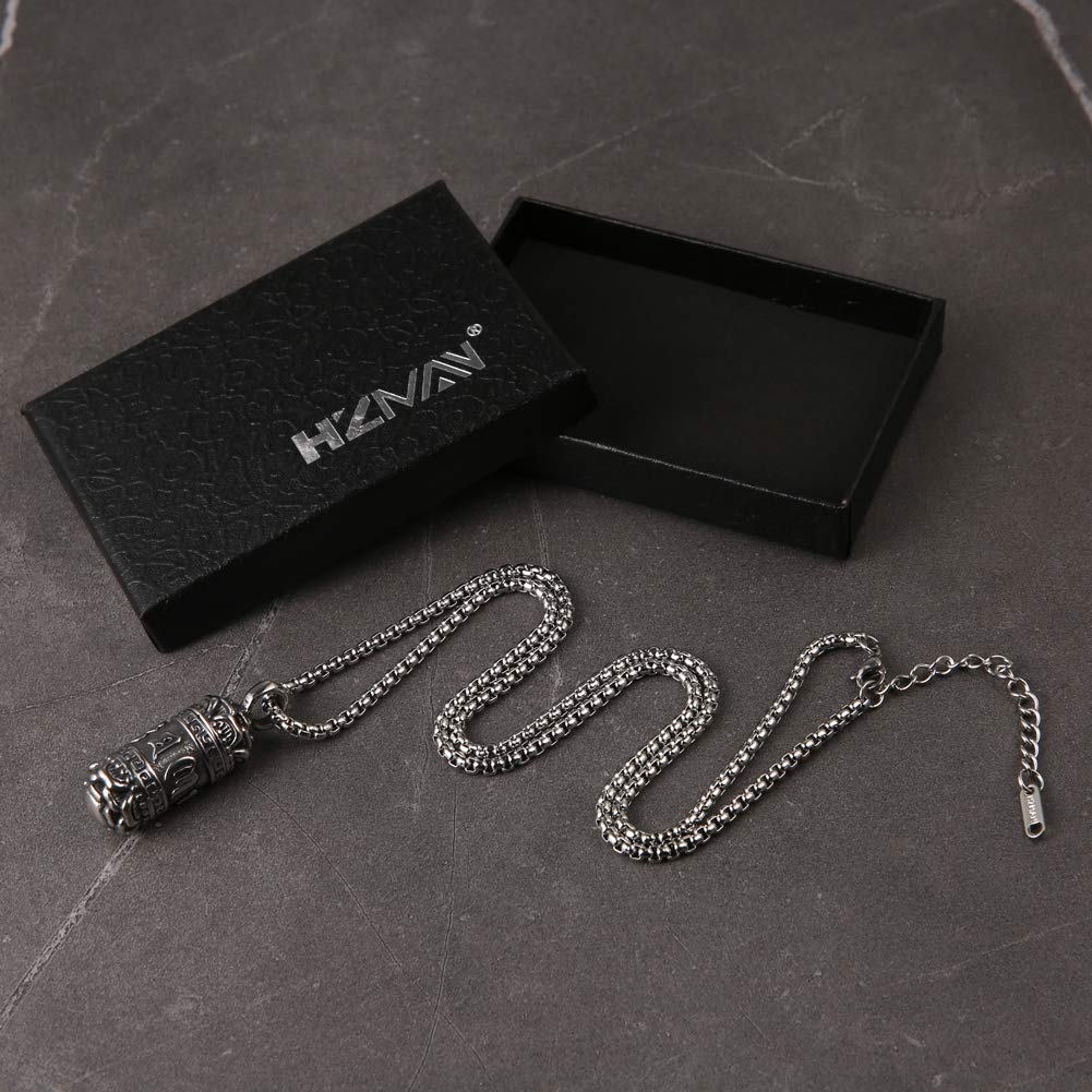 HZMAN Tibetan Buddhism Meditation Stainless Steel Pendant Commemorative Cremation Ashes Pill Cylinder Container Necklace 22+2 Inch Chain (cylindrical)