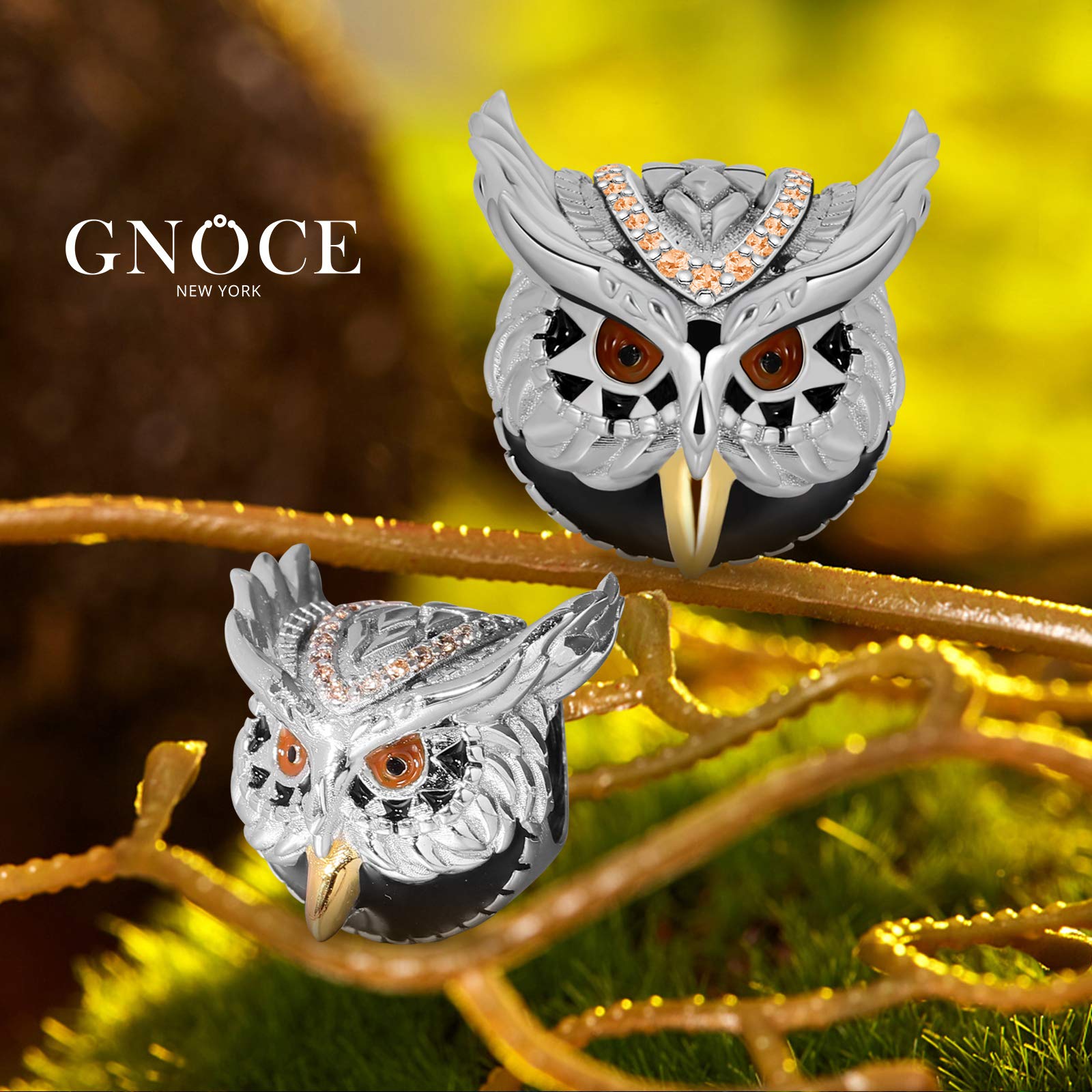 GNOCE Owl Charm Bead Sterling Silver Animal Charm inlaid with Stones Fit Bracelet/Necklace for Women Wife