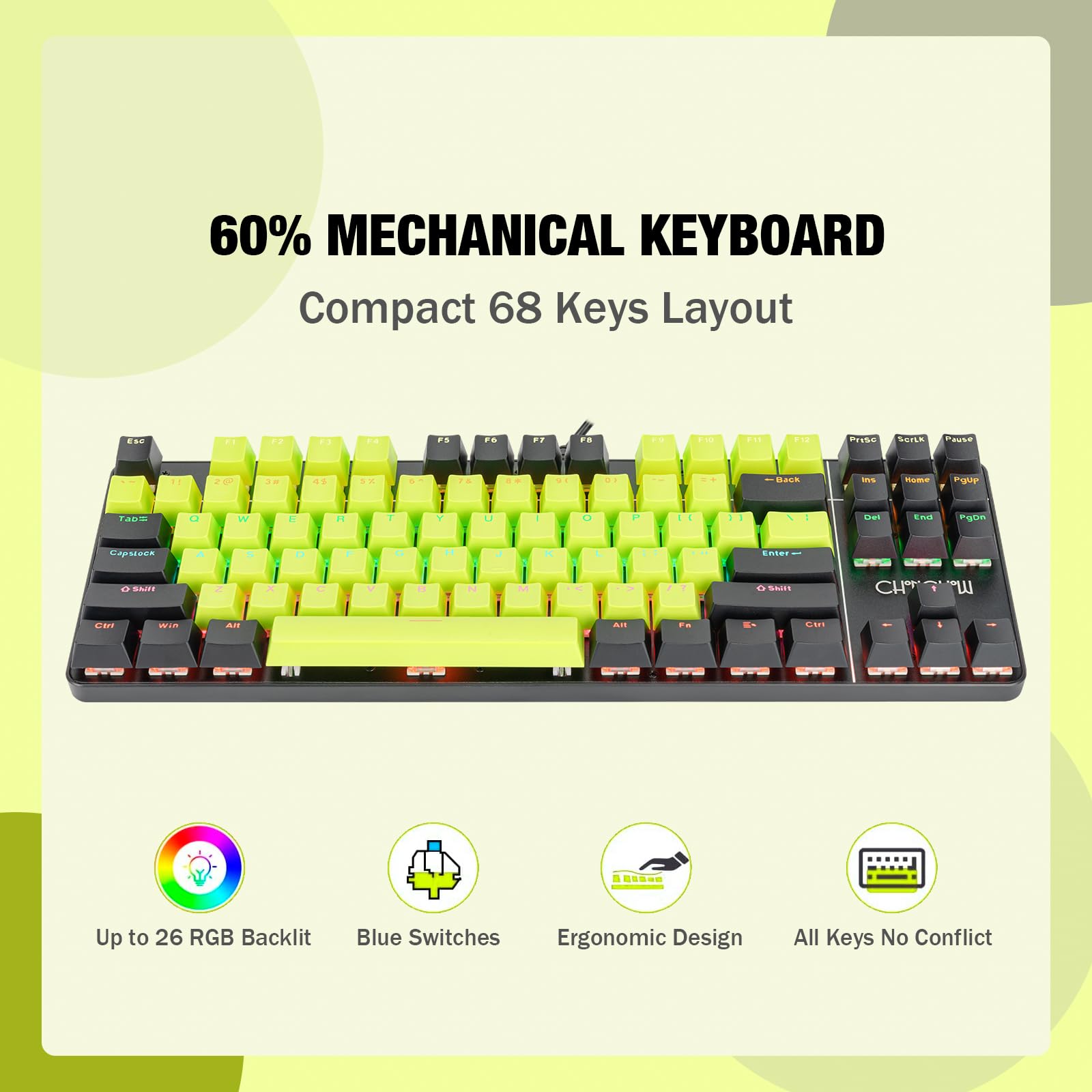 CHONCHOW Mechanical Gaming Keyboard 75% Tenkeyless Blue Swtiches, Compact 87 Keys Rainbow LED Backlit Keyboard Compatible with Window PC Laptop