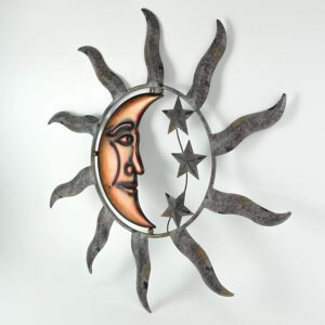 Zeckos Large Sun, Moon, and Stars Indoor/Outdoor Metal Wall Sculpture - 28 Inches in Diameter - Easy Installation - Tranquil Cosmic Art for Home and Garden Spaces