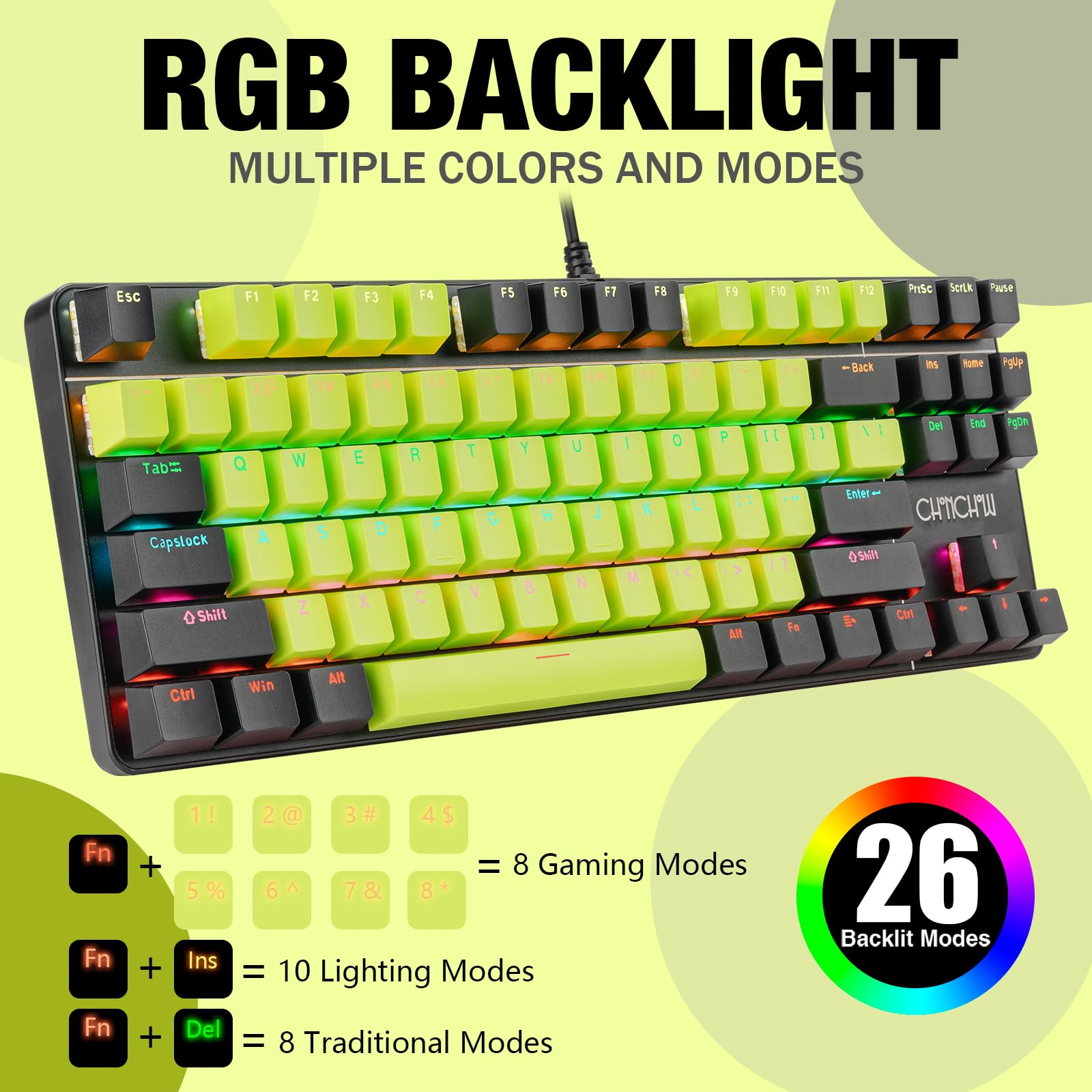 CHONCHOW Mechanical Gaming Keyboard 75% Tenkeyless Blue Swtiches, Compact 87 Keys Rainbow LED Backlit Keyboard Compatible with Window PC Laptop