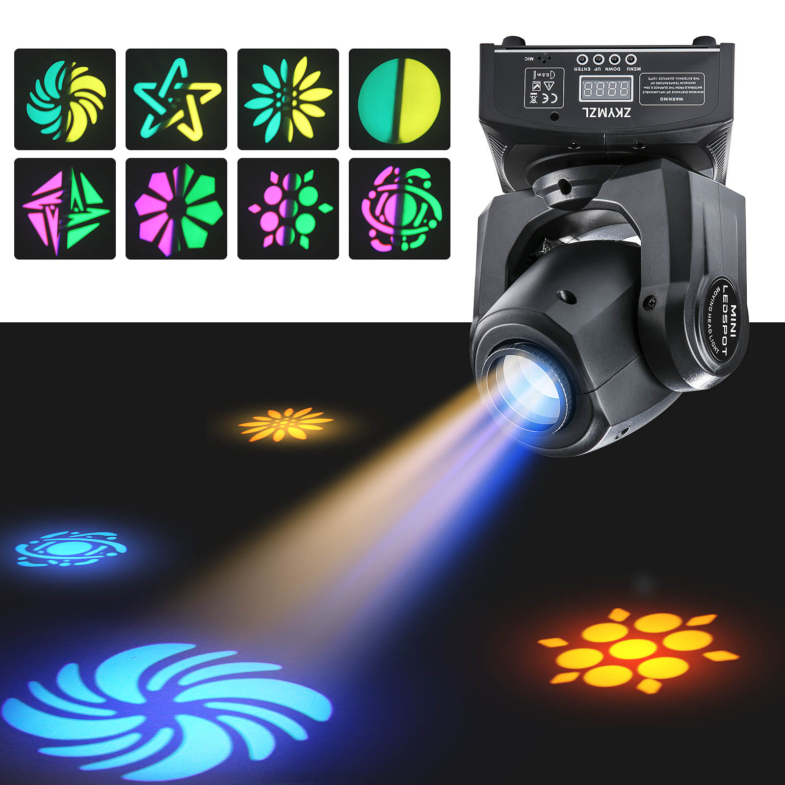 ZKYMZL Moving Head Light 30W DJ Lighting Stage Lights with 15 Colors by Sound Activated and DMX 512 Control Spot Light for Wedding Disco Party Nightclub Church.