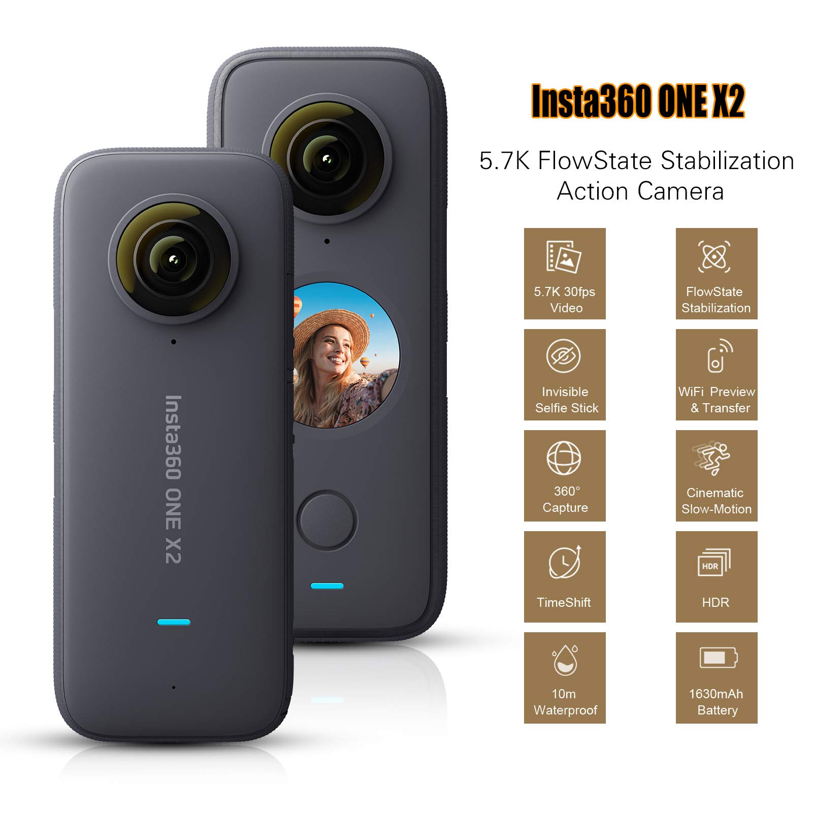 ONE X2 Panoramic Action Camera 5.7K 30fps LCD Touch Screen 10m Body Waterproof HDR APP Editing 360° Live Streaming TimeShift Support Bullet Time with 1630mAh Battery with Selfie Stick