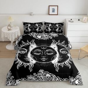 Sun And Moon Comforter Set Queen Size Boho Exotic Style Bedding Sets for Adult Women Teens Black White Bohemian Mandala Decor Down Comforter, Bohemian Botanical Floral Quilted Duvet with 2 Pillowcases