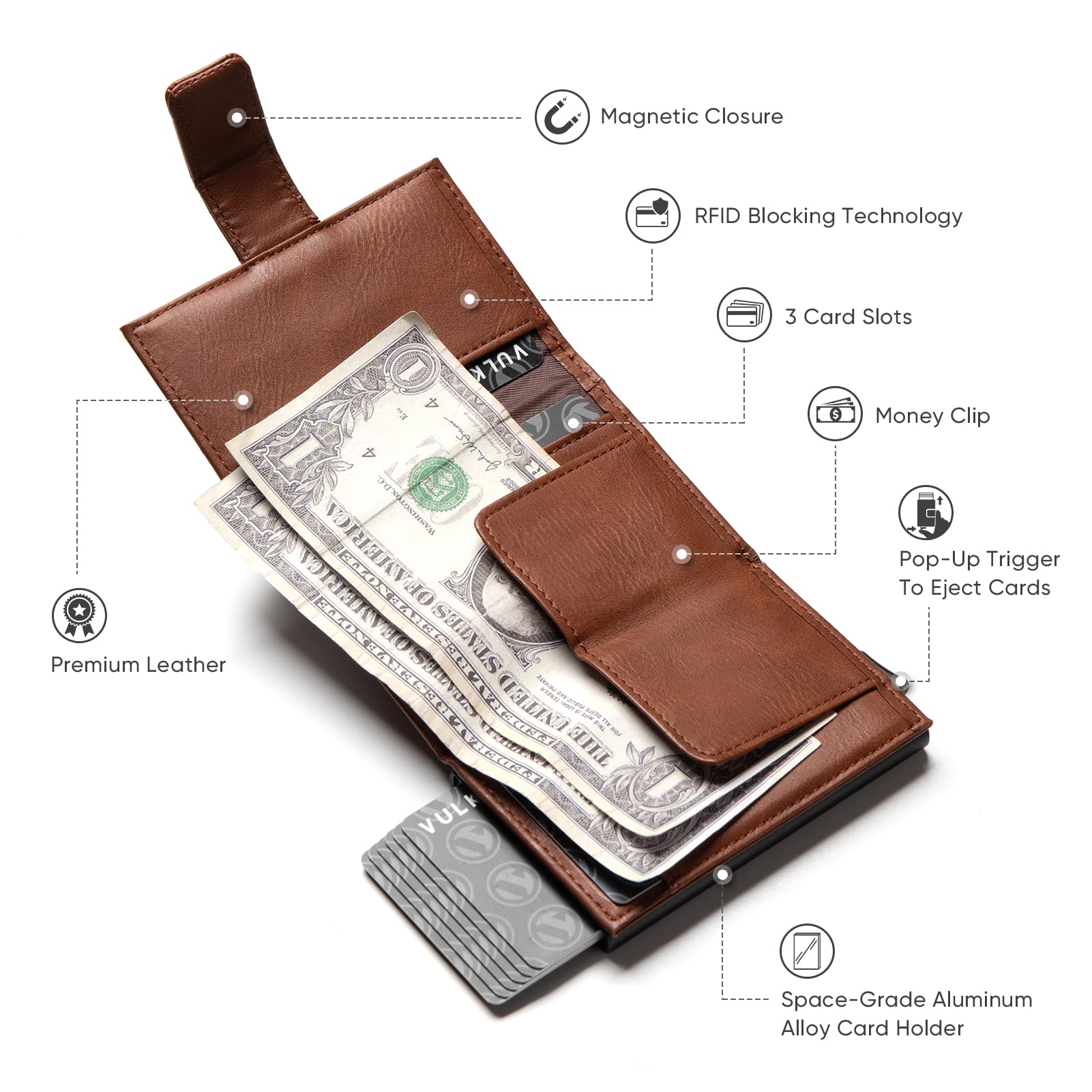 VULKIT Pop Up Wallet, Leather Automatic Credit Card Holder Wallet RFID Blocking Bifold Pocket Wallet with Banknote Slot for Women Men