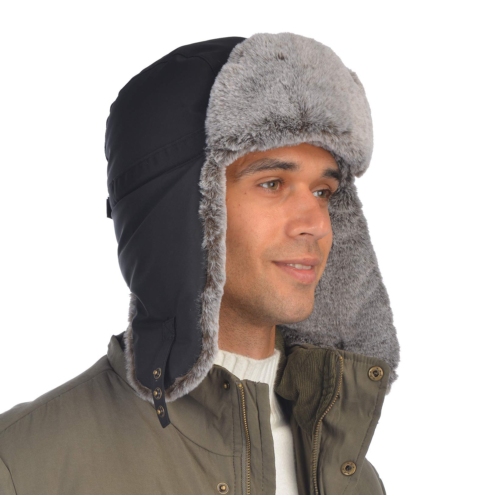 USHAKECAMP Trapper Hat for Men Winter Warm Hats with Ear Flaps Unisex Winter Hat with Faux Fur for Cold Weather Black