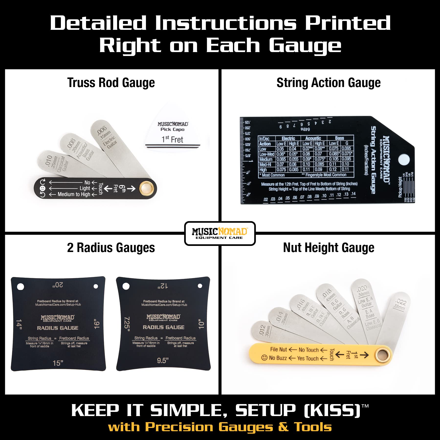 MusicNomad Precision 6 pc. Guitar Setup Gauge Tool Set - Plus 24 pg. Instructional Booklet and Storage Case (MN604)