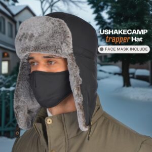 USHAKECAMP Trapper Hat for Men Winter Warm Hats with Ear Flaps Unisex Winter Hat with Faux Fur for Cold Weather Black