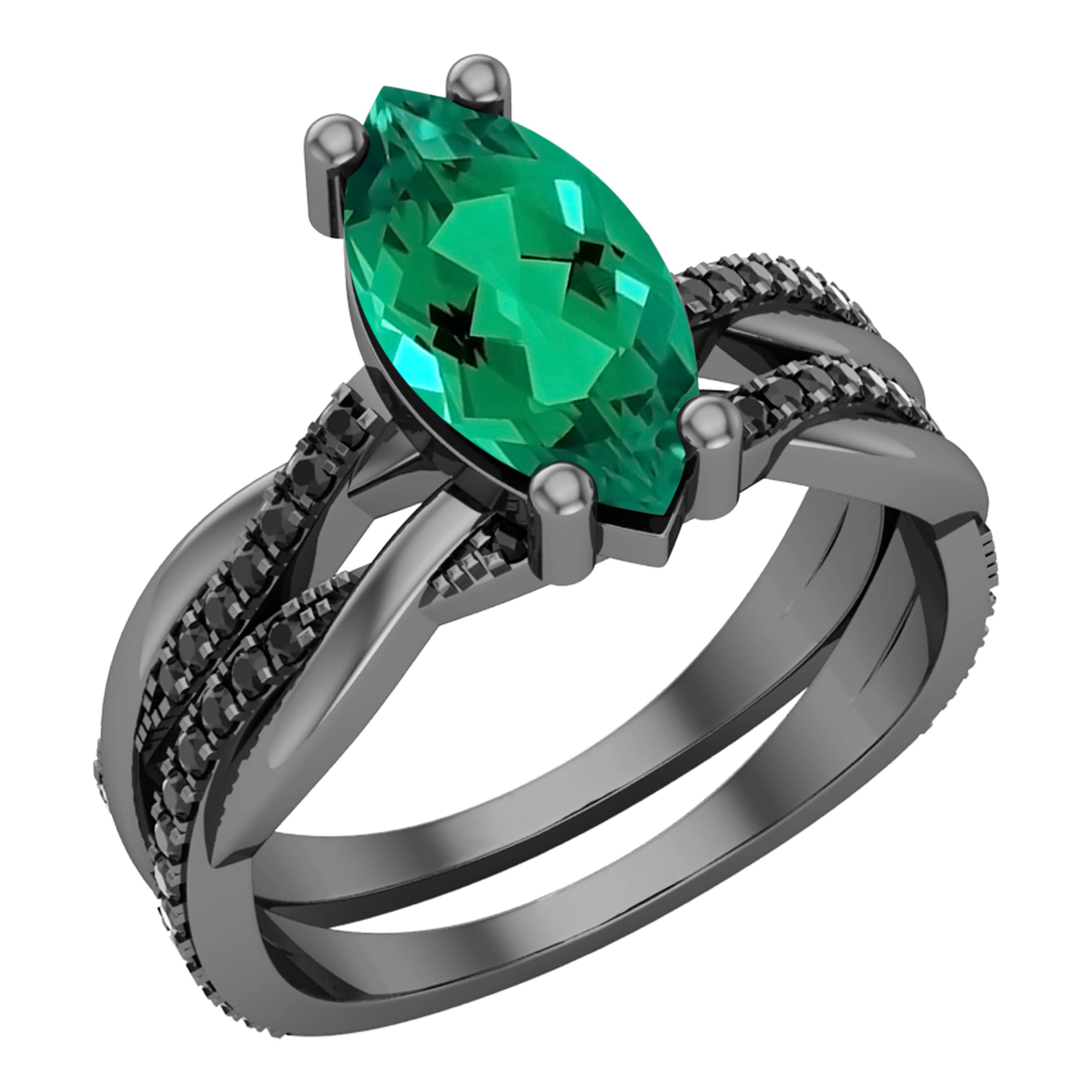 Dazzlingrock Collection 12X6 mm Lab Created Marquise Emerald & Round Black Diamond Bridal Ring Set in Black Plated 10K White Gold, Size 8.5