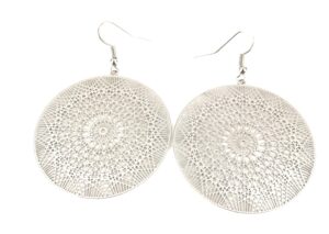 silver filigree round disc earrings medallion 1 5/8 inches wide very lightweight circle cut out lace pattern