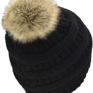 C.C Trendy Fuzzy Sherpa Fleece Lined Warm Soft Stretch Cable Knit Faux Fur Pom Pom Skull Cap Cuff Beanie Hat