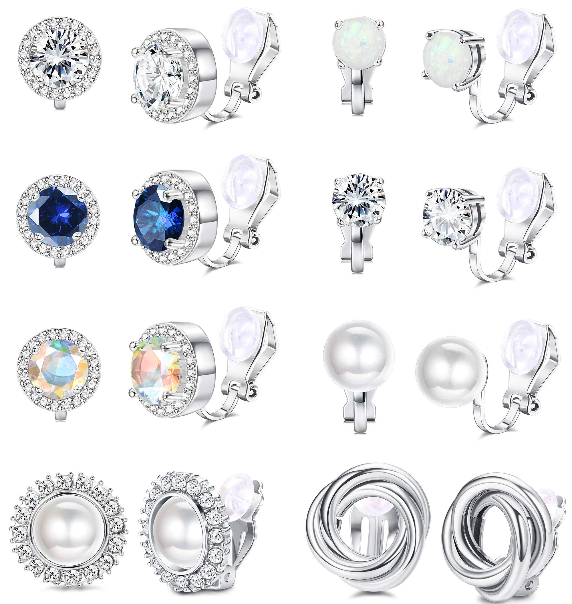 Jstyle 8Pairs Clip On Earrings for Women Halo Cubic Zirconia Opal Simulated Pearl Knot Non Pierced Clip Earrings Set Silver Tone