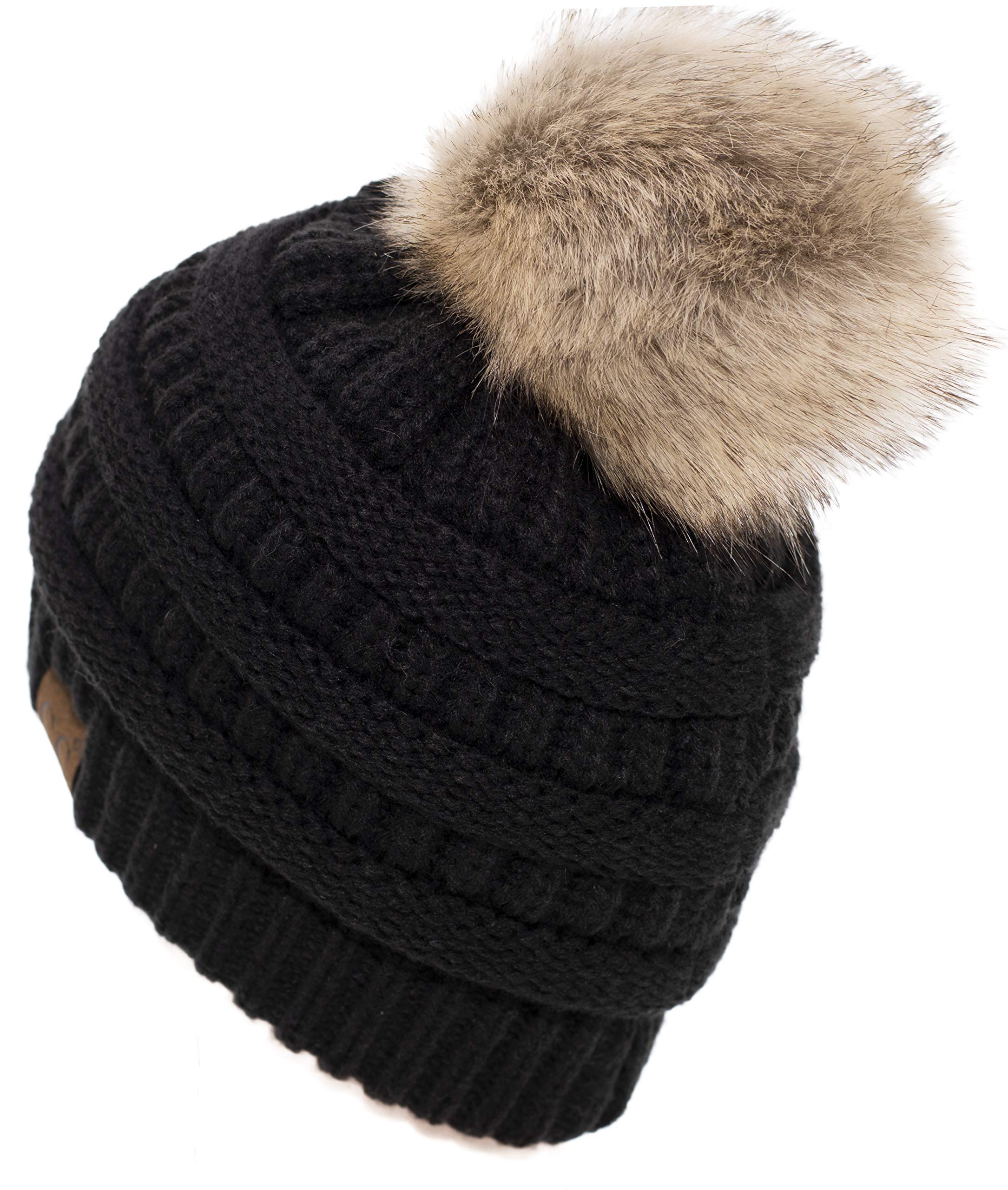 C.C Trendy Fuzzy Sherpa Fleece Lined Warm Soft Stretch Cable Knit Faux Fur Pom Pom Skull Cap Cuff Beanie Hat