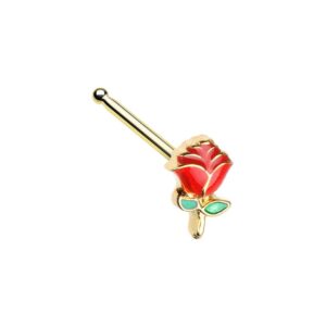 pierced owl 20g stainless steel enchanted red rose nose bone stud (gold tone)