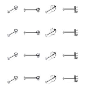 drperfect 8 pairs cartilage earring stud for womens mens tiny stainless steel ear stud piercing cz screw flat back barbell stud earrings 2-5mm