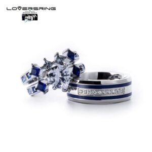 LOVERSRING 3pc His and Hers Couple Ring Bridal Sets Women White Gold Plated Heart Blue Cz Man Titanium Band Wedding Ring for Him and Her