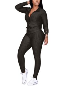 kansoon jogging suits for women, textured 2 piece outfit long sleeve full zip jacket skinny pants tracksuit set black l