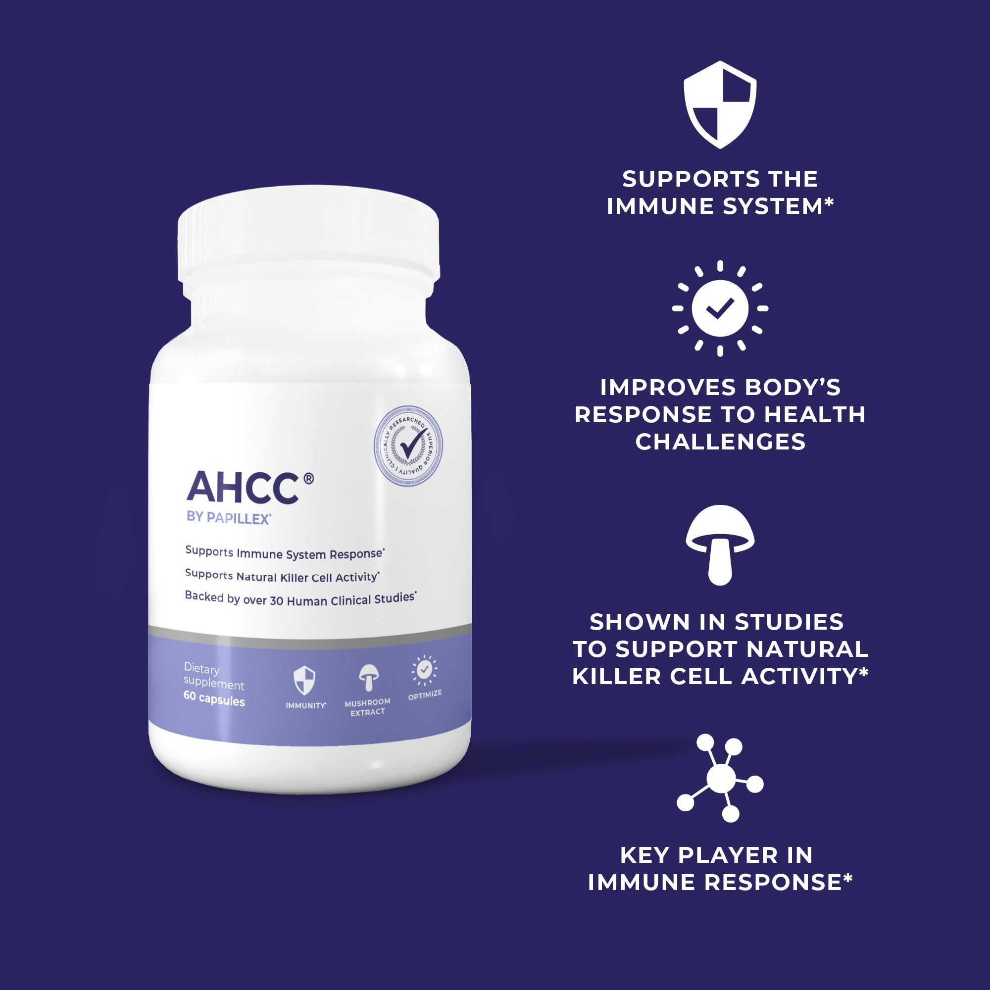 Papillex AHCC Supplement - Maximum Strength - Natural Immune Support Extract - Maintains Natural Killer Cell Activity - 20+ Human Research Studies - 60 Veggie Capsules (3 Pack)