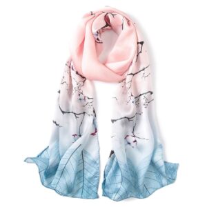 andantino 100% mulberry silk long scarf for women large shawls for headscarf and neck- oblong hair wraps with gift packed (blue&pink branches)