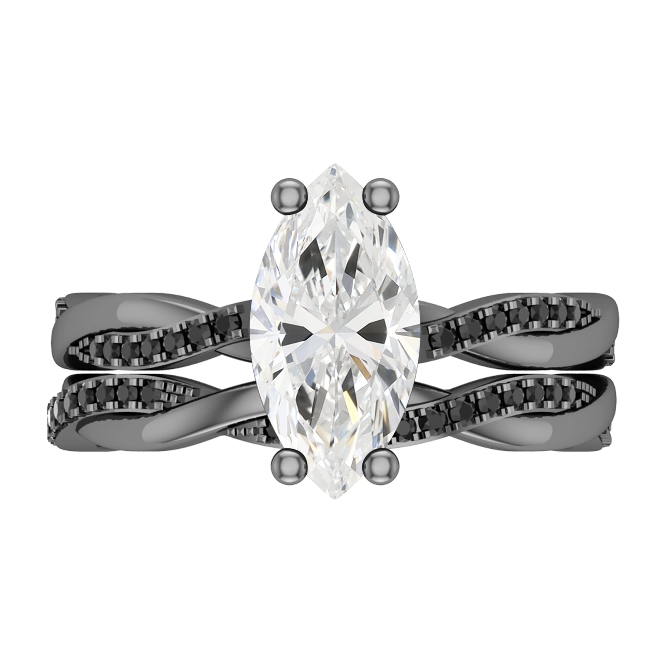 Dazzlingrock Collection 12X6 mm Lab Created Marquise White Sapphire & Round Black Diamond Bridal Ring Set in Black Plated Sterling Silver, Size 10