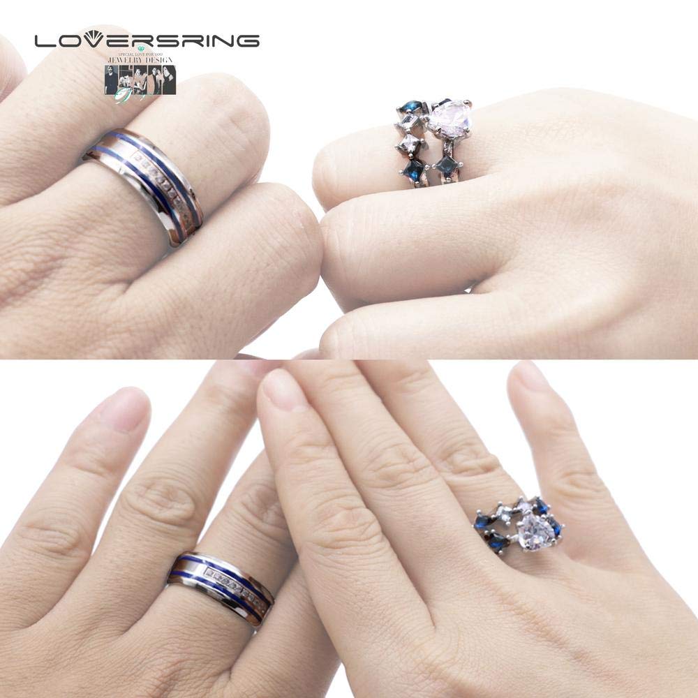 LOVERSRING 3pc His and Hers Couple Ring Bridal Sets Women White Gold Plated Heart Blue Cz Man Titanium Band Wedding Ring for Him and Her