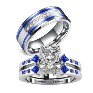 LOVERSRING 3pc His and Hers Couple Ring Bridal Sets Women White Gold Plated Heart Blue Cz Man Titanium Band Wedding Ring for Him and Her