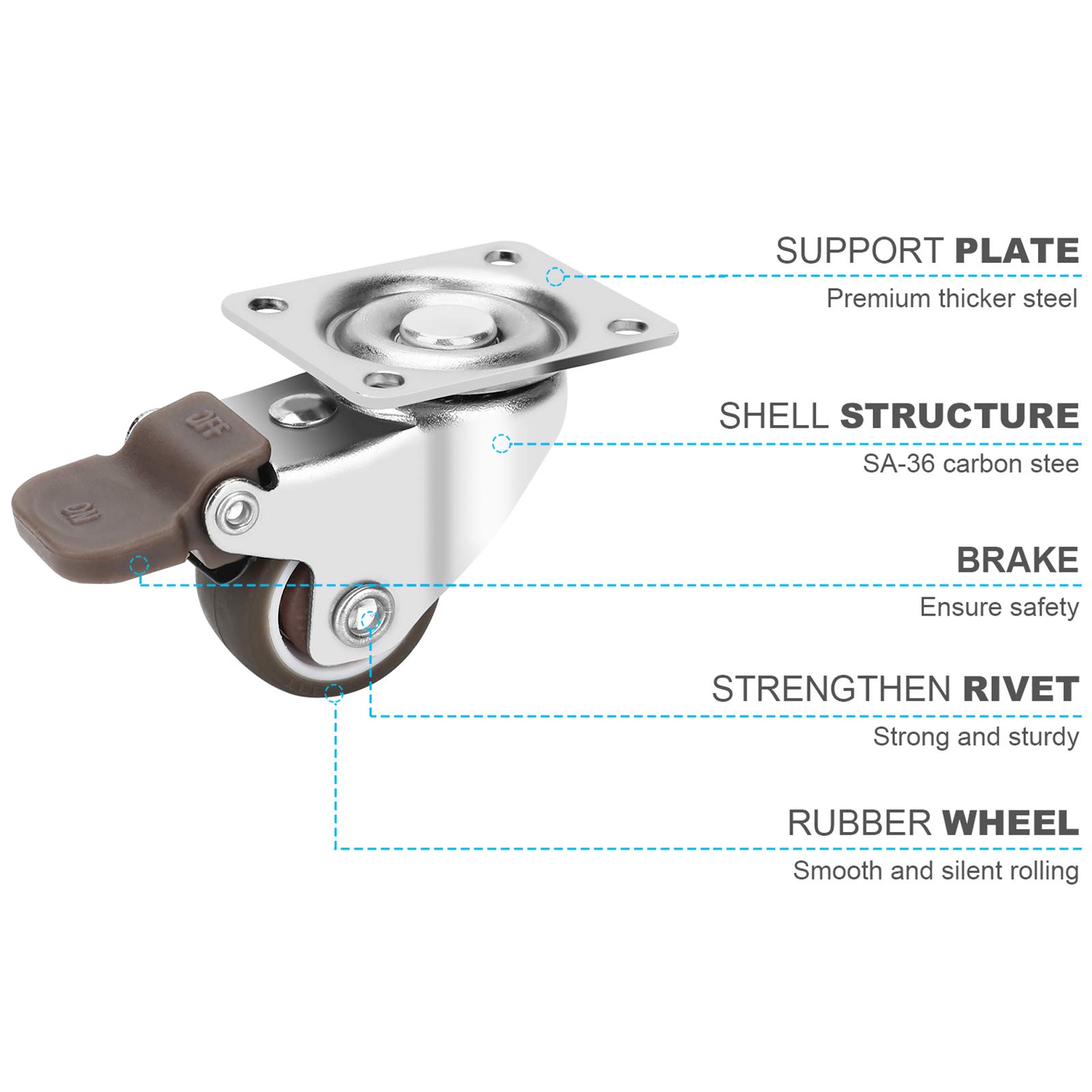 1-inch Casters Set of 4, Small Low Profile Caster with locking Brake & 360° Plate, Total Loads of 100 LB Furniture Transfers Castor Wheels, Rubber Wheel to Protect The Floor or Carpet from Scratches.