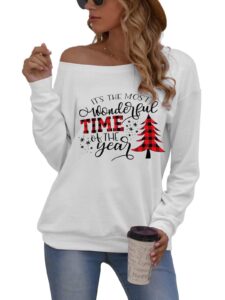 senfure merry christmas sweatshirts for women christmas tree print long sleeve sweatshirt off the shoulder pullover t-shirt top