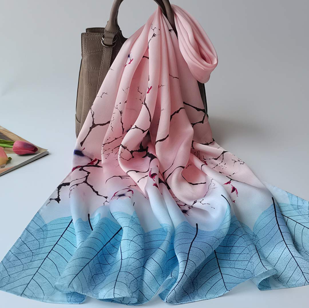 ANDANTINO 100% Mulberry Silk Long Scarf for Women Large Shawls for Headscarf and Neck- Oblong Hair Wraps with Gift Packed (Blue&Pink Branches)