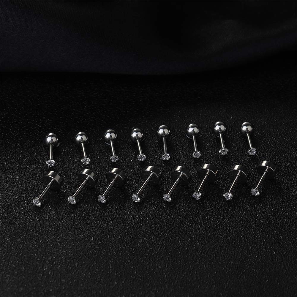 Drperfect 8 Pairs Cartilage Earring Stud for Womens Mens Tiny Stainless Steel Ear Stud Piercing CZ Screw Flat Back Barbell Stud Earrings 2-5mm