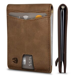 Bryker Hyde RFID Blocking Slim Minimalist ID Inside Front Pocket Wallet, Money Clip, 9 Slots, Leather (Texas Brown w/Pull Out Tab)