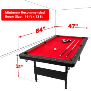 GoSports 7 ft Billiards Table - Portable Pool Table - Includes Full Set of Balls, 2 Cue Sticks, Chalk, and Felt Brush - Black, Red