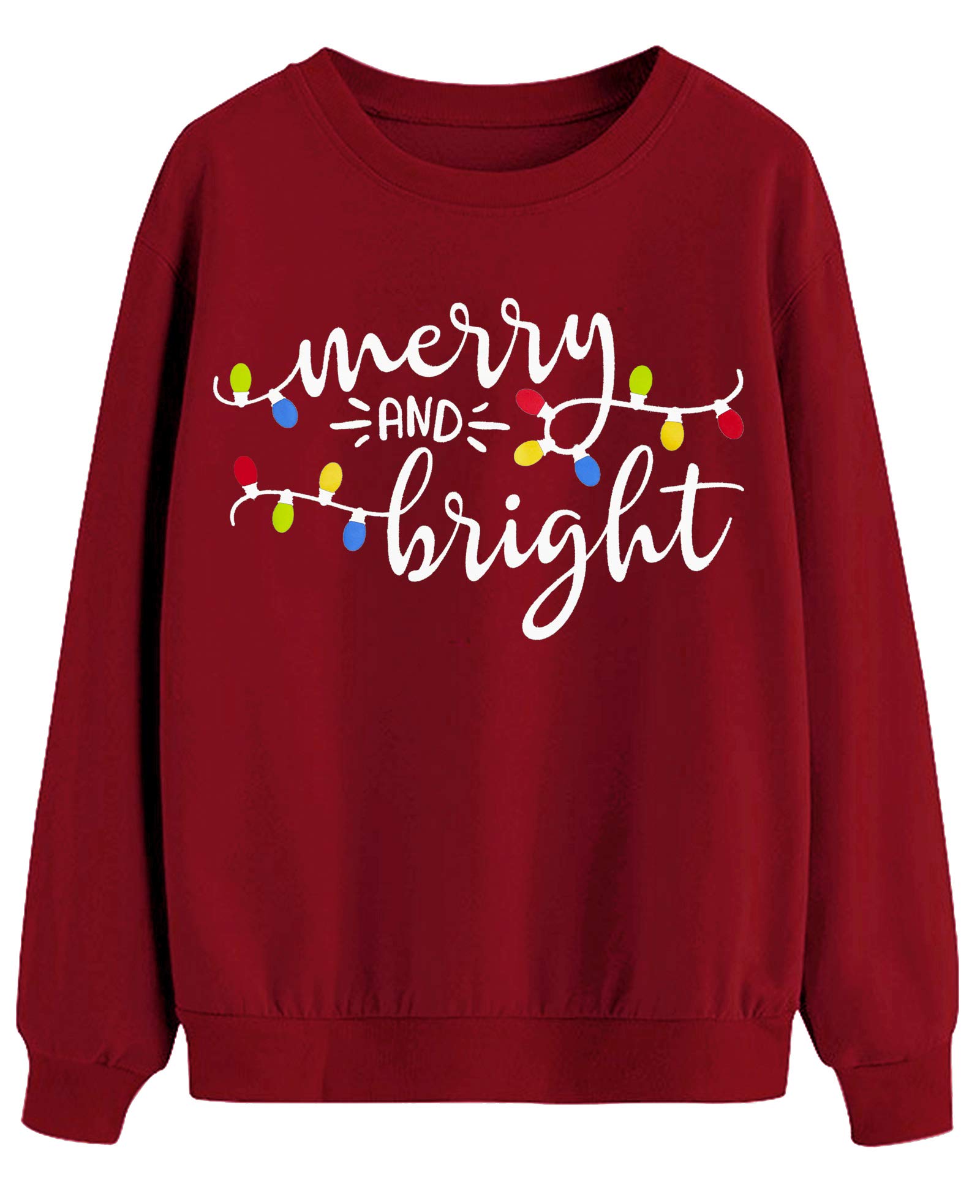 Christmas Sweatshirt Women Merry and Bright Christmas T-Shirt Funny Xmas Lights Blouse Tops Holiday Shirts (Wine Red, XX-Large)