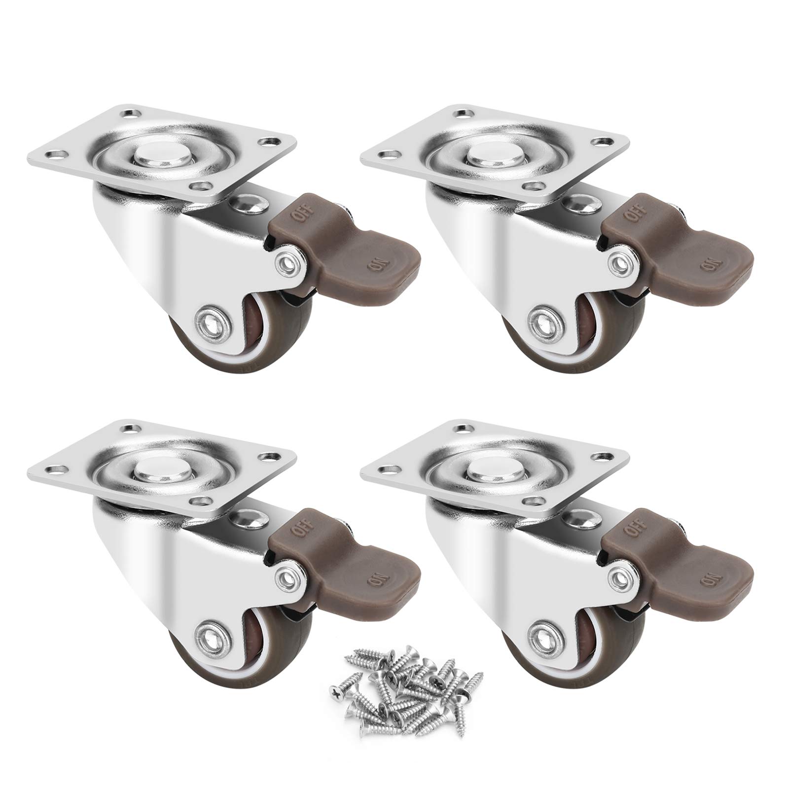 1-inch Casters Set of 4, Small Low Profile Caster with locking Brake & 360° Plate, Total Loads of 100 LB Furniture Transfers Castor Wheels, Rubber Wheel to Protect The Floor or Carpet from Scratches.