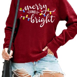 Christmas Sweatshirt Women Merry and Bright Christmas T-Shirt Funny Xmas Lights Blouse Tops Holiday Shirts (Wine Red, XX-Large)