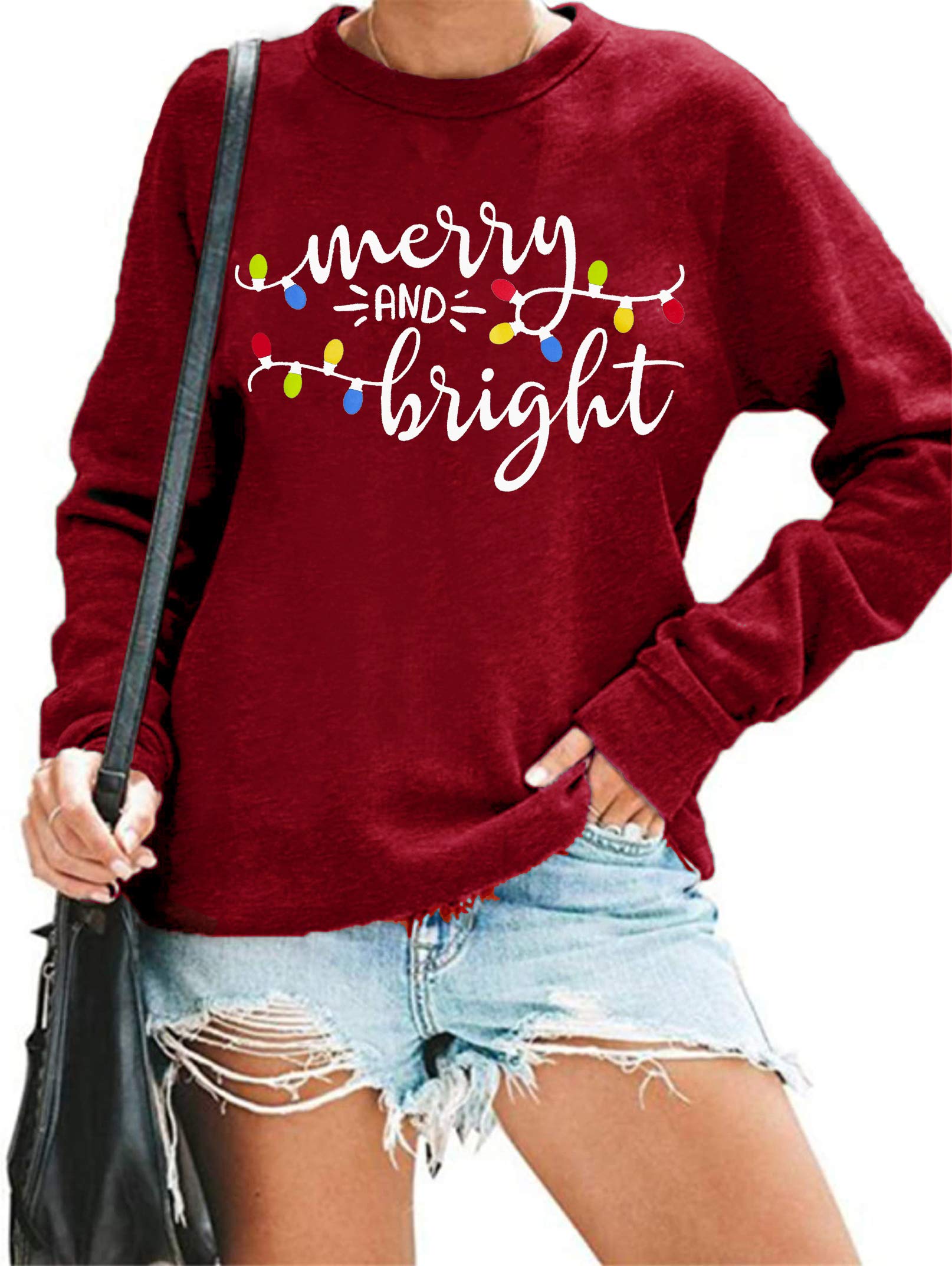 Christmas Sweatshirt Women Merry and Bright Christmas T-Shirt Funny Xmas Lights Blouse Tops Holiday Shirts (Wine Red, XX-Large)