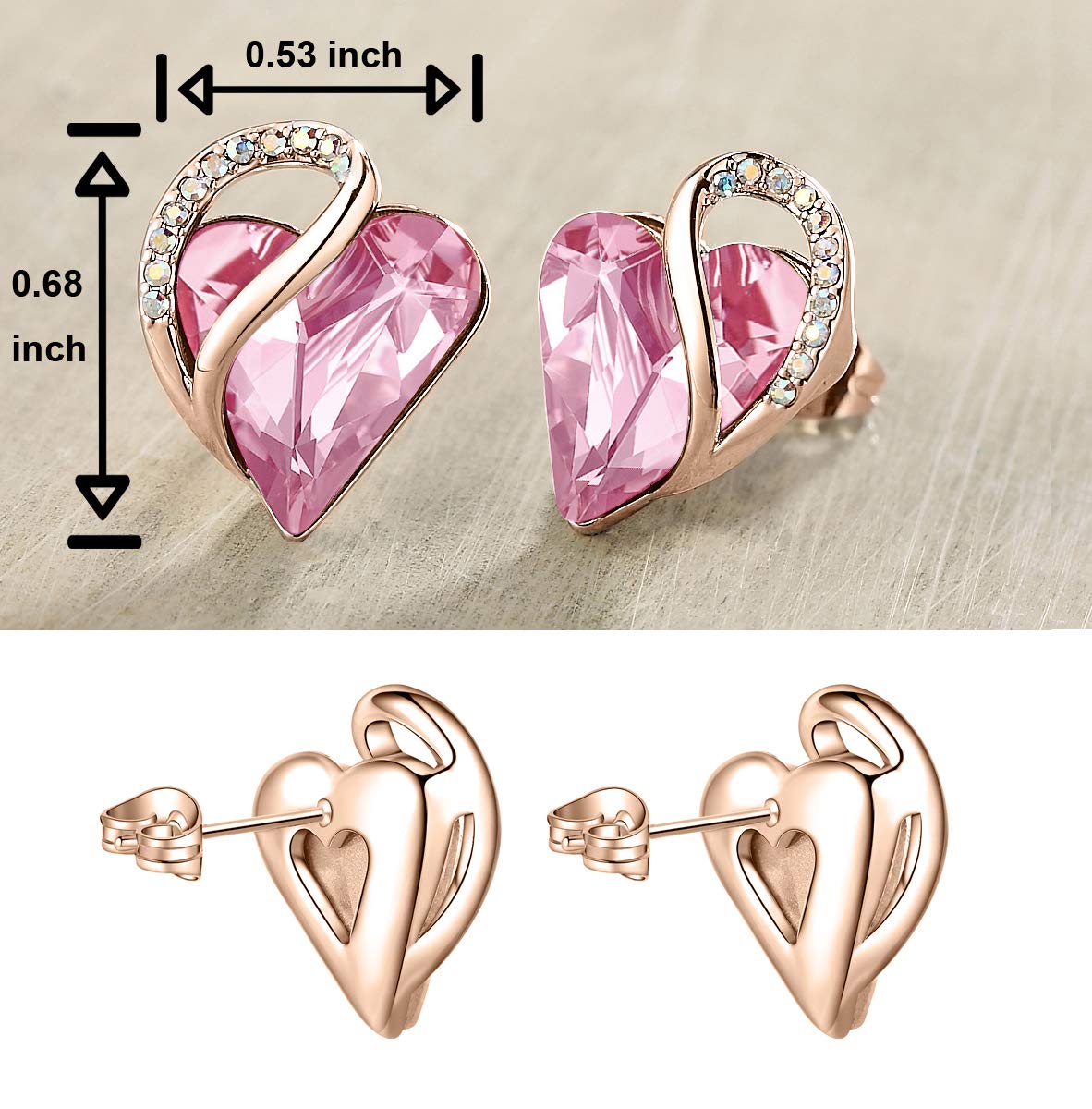 Leafael 18K Rose Gold Plated Love Heart Stud Earrings with Rose Quartz Pink Healing Stone Crystal for Romatic Love, Jewelry Gifts for Women